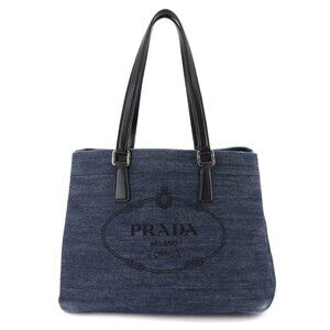 PRADA Tote Bag Denim Leather Navy Black 1BG356 Purse Logos